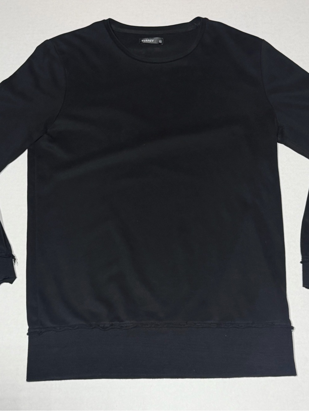 Vitaly mens black crewneck sweatshirt distressed cuffs and bottom hem